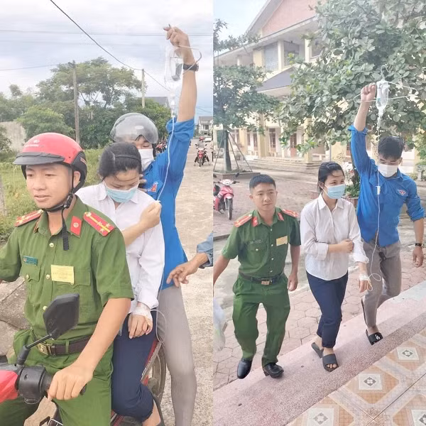 Em học trò đầy nghị lực mang theo bình truyền nước được công an và đội thanh niên tự nguyện đưa tới điểm thi ở Kỳ Anh, Hà Tĩnh. 