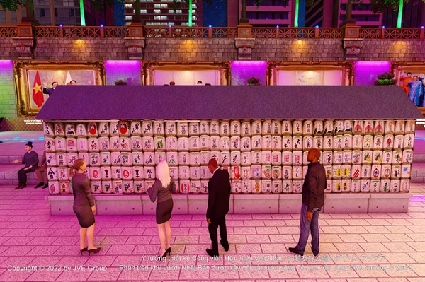 Phối cảnh 3D của Không gian văn hóa Nhật Bản tại Công viên Hữu nghị Việt-Nhật trên sông Tô Lịch (Mô phỏng hình ảnh các loại hũ rượu sake độc đáo của Nhật Bản tại đền Meiji Jingu, Tokyo).