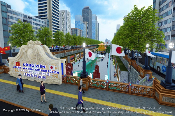 Phối cảnh biển tên Công viên Lịch sử-Văn hóa-Tâm linh Tô Lịch (Công viên Hữu nghị Việt-Nhật) bằng song ngữ Nhật, Việt tại đầu nguồn sông Tô Lịch (đường Hoàng Quốc Việt).