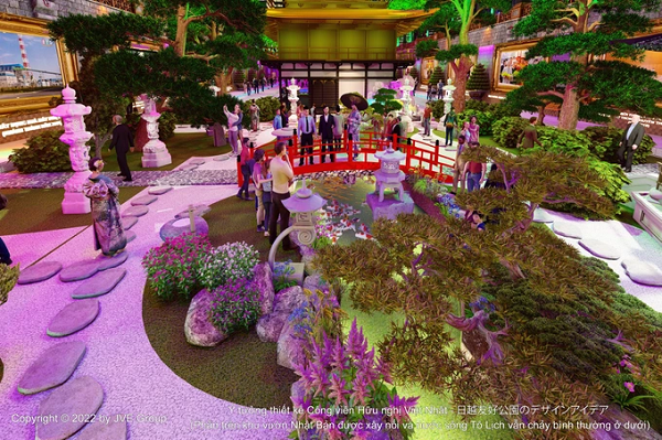 Khu vườn Nhật Bản với cây cầu gỗ màu đỏ, suối và hồ cá Koi, vườn thiền, đèn đá, tùng la hán, chòi gỗ ngồi uống trà,...tái hiện tại khu không gian văn hóa Nhật Bản trên sông Tô Lịch.