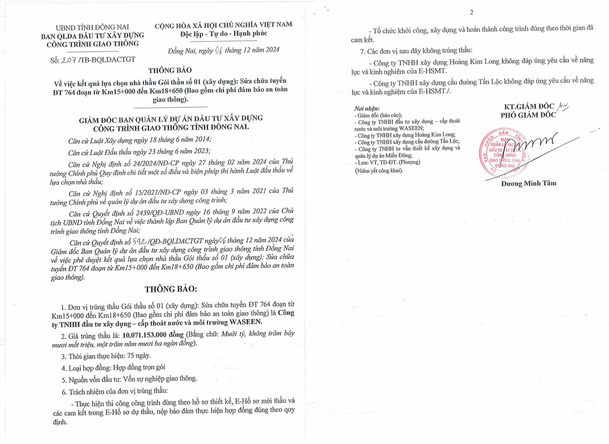 Dong Nai: Lo dien nha thau trung goi sua chua duong DT 764