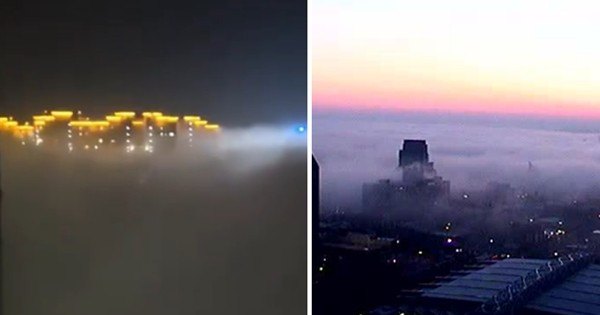 Một hiện tượng kỳ lạ xảy ra ở thành phố Hà Trạch, tỉnh Sơn Đông, Trung Quốc, khi đường phố bị phủ bởi lớp "mây đen" sẫm, dày mù mịt, chắn tầm nhìn hoàn toàn. (Ảnh: Hoa học trò - Tiền Phong)