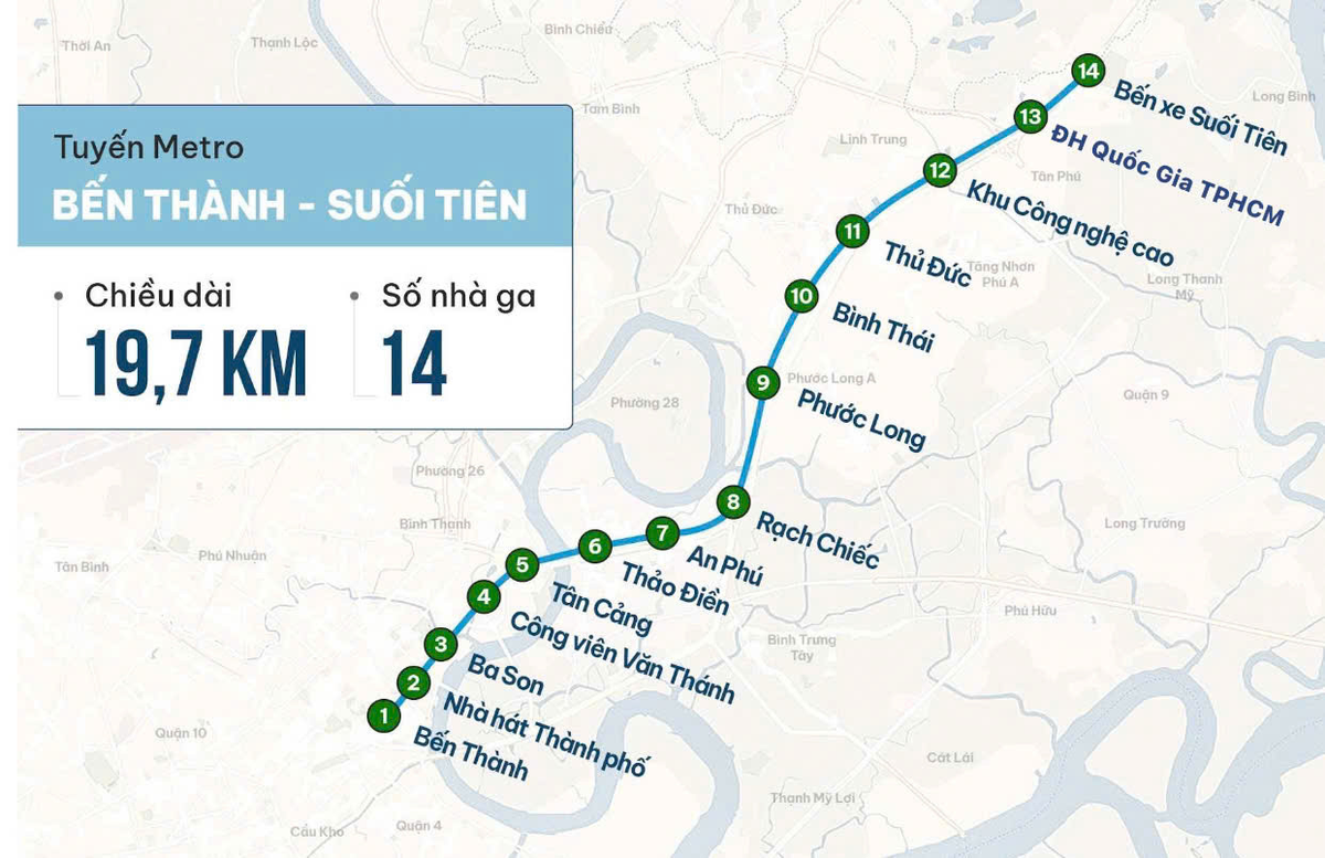Sơ đồ tuyến metro số 1 (Bến Thành - Suối Tiên). Xe buýt điện sẽ kết nối các ga metro số 1 với khu dân cư, bến xe, khu công nghệ cao, trung tâm thương mại, và trường đại học. Việc vận hành sớm 17 tuyến buýt điện trước khi tuyến metro số 1 lăn bánh đón khách giúp người dân làm quen dần, tạo thuận lợi để họ đến các nhà ga.