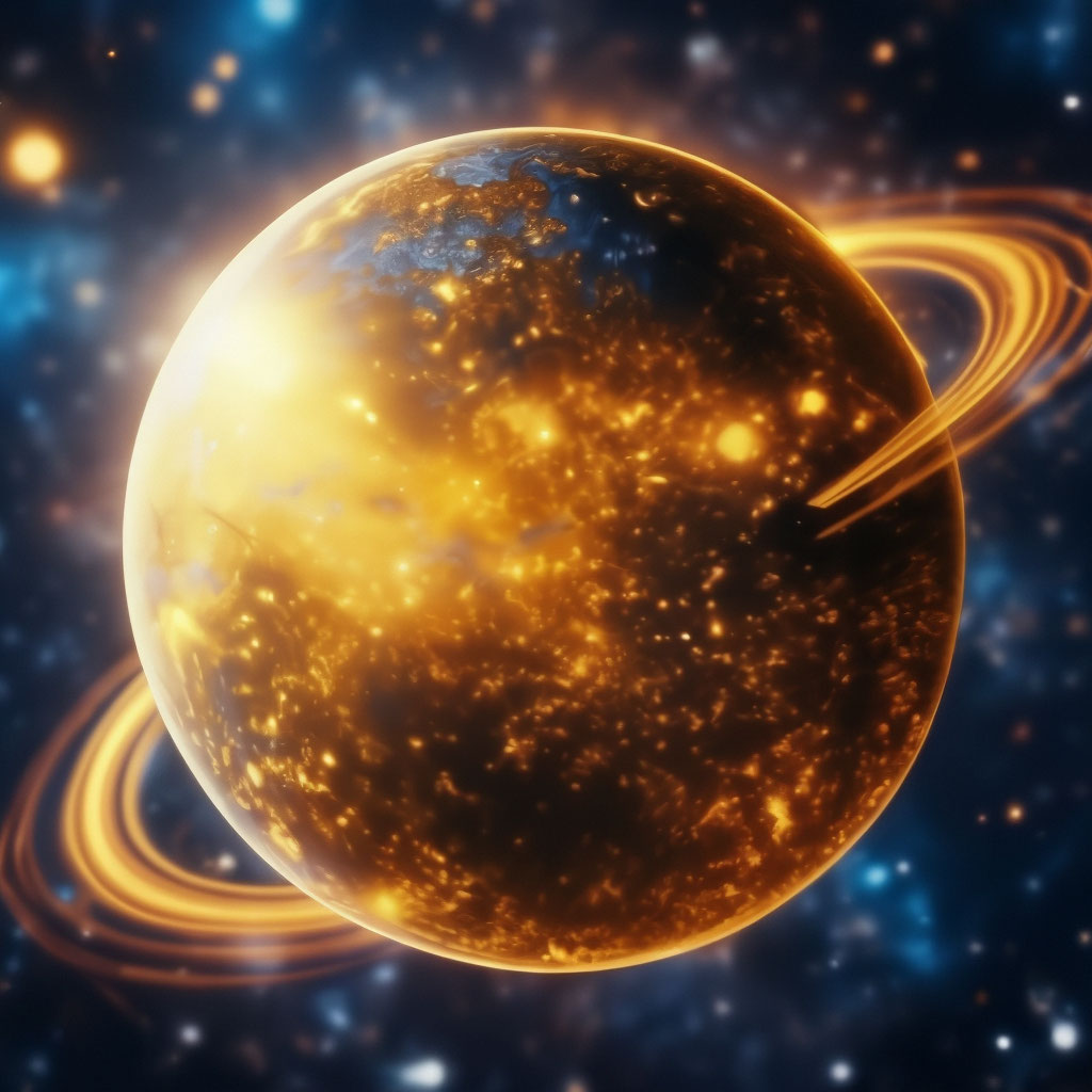 Bề mặt hành tinh này tỏa sáng rực rỡ, với núi, sông và hồ vàng, mang tiềm năng khai thác vàng dồi dào cho nhân loại.(Ảnh: shedevrum.ai)