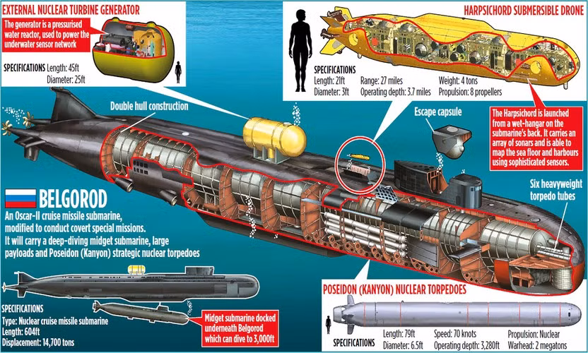 Dự kiến các cuộc thử nghiệm cho ngư lôi hạt nhân Poseidon sẽ kéo dài ít nhất 2 năm, một nguồn tin trong ngành công nghiệp quốc phòng nói với RIA Novosti vào tháng 4 năm ngoái.