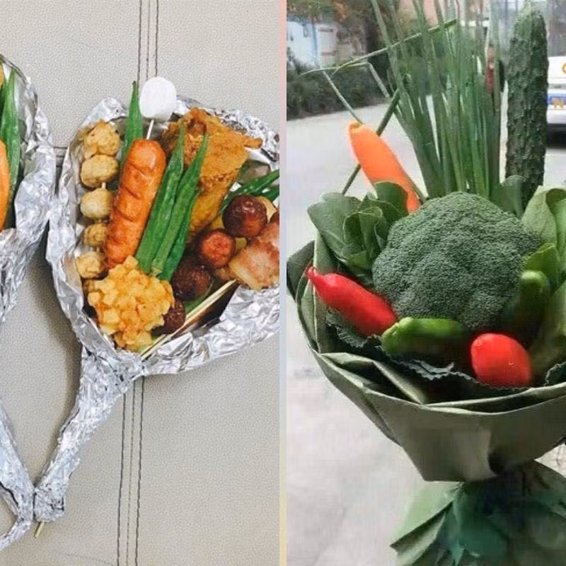 Thay vì tặng hoa hồng, hoa tươi thì những bó "xiên bẩn" và những bó hoa rau này trông có vẻ thiết thực hơn nhiều...