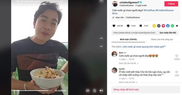 Cris Phan thể hiện khả năng tung mảng miếng hài "cơm nước gì chưa người đẹp" với hình ảnh đang ăn tô cơm.