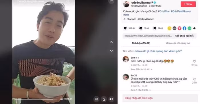 Cris Phan thể hiện khả năng tung mảng miếng hài "cơm nước gì chưa người đẹp" với hình ảnh đang ăn tô cơm.