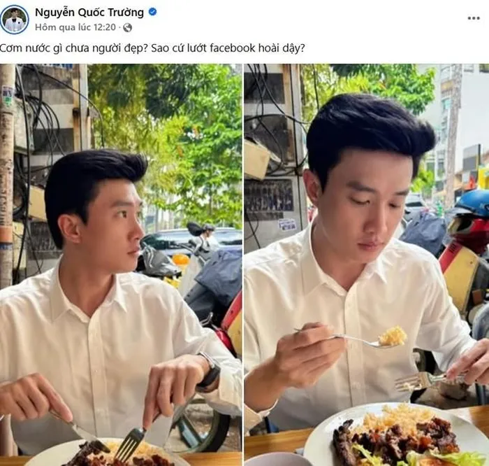Trên Facebook, các sao Việt như Quốc Trườngcũng bắt trend siêu nhanh với các bài đăng cùng dòng caption "cơm nước gì chưa người đẹp" và được netizen đáp lời đầy tính giải trí.