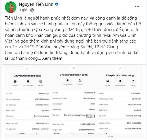 Ngay sau khi trở về với danh hiệu Quả bóng vàng, Tiến Linh đã ngay lập tức chuyển số tiền thưởng từ dành hiệu để giúp đỡ những hoàn cảnh khó khăn. Anh viết trên trang cá nhân: "Tôi là người hạnh phúc nhất đêm nay. Và công danh là để cống hiến. Tôi xin san sẻ hạnh phúc to lớn này thông qua việc dành toàn bộ số tiền thưởng Quả Bóng Vàng 2024 trị giá 40 triệu đồng, để gửi tới 6 hoàn cảnh khó khăn cần giúp đỡ của chương trình "Mái Ấm Gia Đình Việt" và góp thêm kinh phí xây dựng ngôi nhà bán trú dành tặng các em Tiểu học và THCS Đản Ván, huyện Hoàng Su Phì, TP Hà Giang"