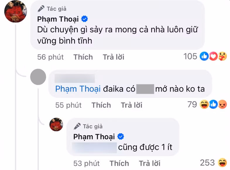 Mới đây Phạm Thoại đã chính thức lên tiếng về sự việc lùm xùm nói trên. Theo đó, tài khoản có tích xanh của Phạm Thoại viết: "Cảm ơn mọi người đã chờ đợi lâu. Phạm Thoại cũng đã ý thức ngay từ khi lập tài khoản việc yêu cầu phải minh bạch và rõ ràng. Tuy nhiên, để chắc chắn mọi thứ, Thoại cần phải sâu (xâu) chuỗi lại sự việc. Phạm Thoại sẽ làm rõ mọi vấn đề thắc mắc của mọi người (vào) ngày mai. Cảm ơn vì đã chờ đợi". Ở phần bình luận, anh cũng trấn an người theo dõi "Dù chuyện gì sảy (xảy) ra mong cả nhà luôn giữ vững bình tĩnh".