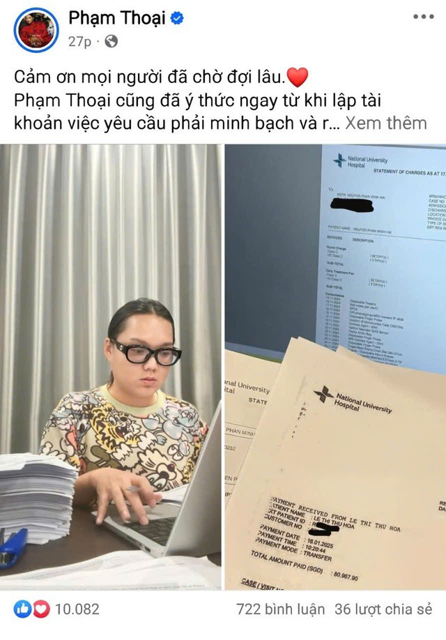 Hình ảnh Phạm Thoại bên đống giấy tờ được đăng tải, trong đó có bản in được cho là của bệnh viện tại Singapore, nơi "bé Bắp" được điều trị.