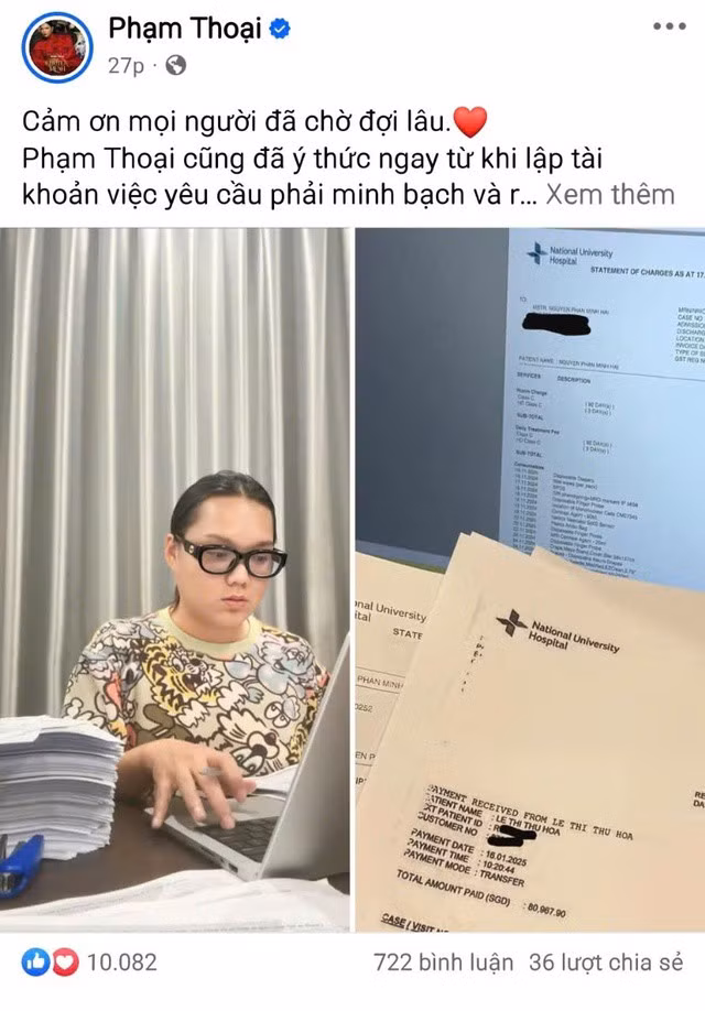 Hình ảnh Phạm Thoại bên đống giấy tờ được đăng tải, trong đó có bản in được cho là của bệnh viện tại Singapore, nơi "bé Bắp" được điều trị.