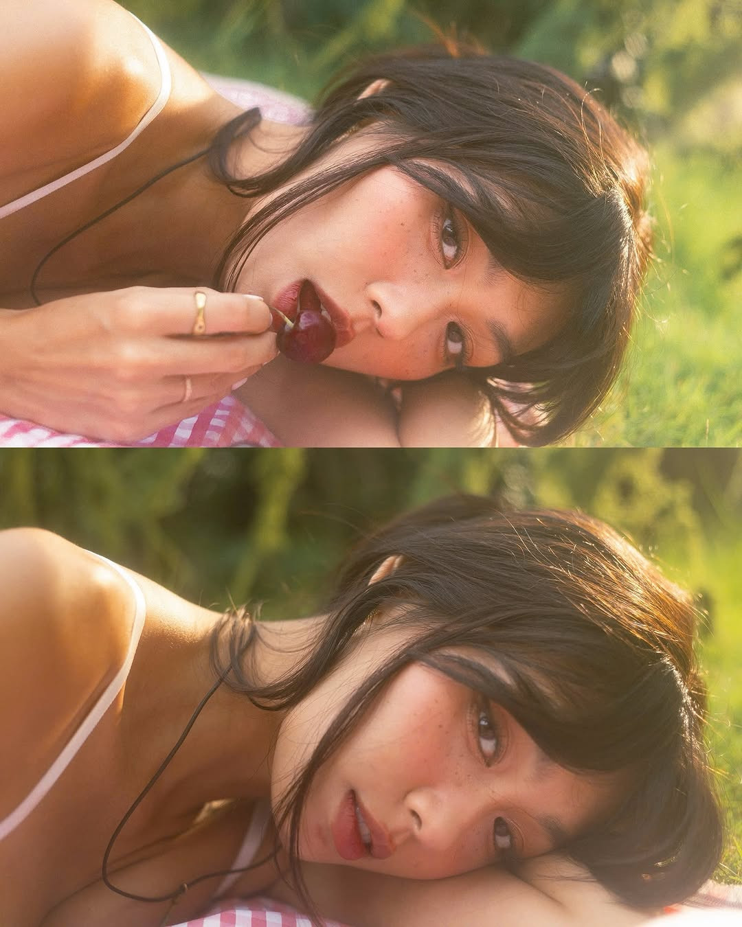 Kết hợp với lối trang điểm kiểu "say rượu" với sự nhấn nhá ở phần má hồng cùng đôi môi căng mọng, mái tóc được cột buông lơi tự nhiên càng tăng thêm sự cuốn hút của nàng hậu.