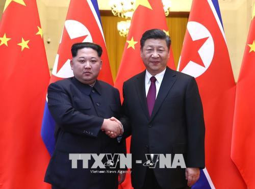 Chủ tịch Trung Quốc Tập Cận Bình (phải) và nhà lãnh đạo Triều Tiên Kim Jong-un (trái) trong cuộc gặp tại Bắc Kinh ngày 27/3. Ảnh: THX/TTXVN