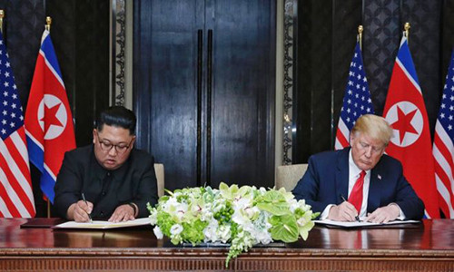 Tổng thống Trump (phải) và ông Kim Jong-un ký thỏa thuận chung ngày 12/6. Ảnh: BBC.