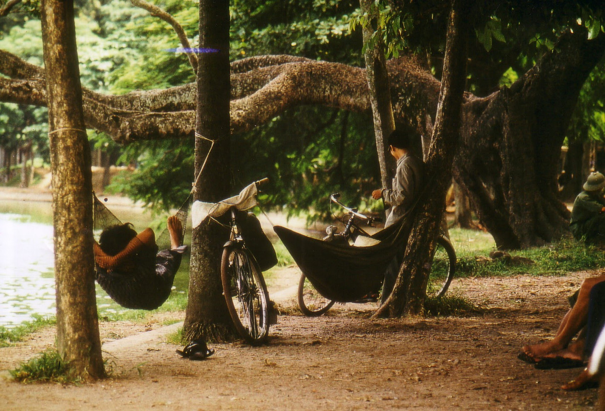 Người dân mắc võng nghỉ trưa dưới bóng cây xanh của hồ Hoàn Kiếm. Ảnh: Günter Mosle.