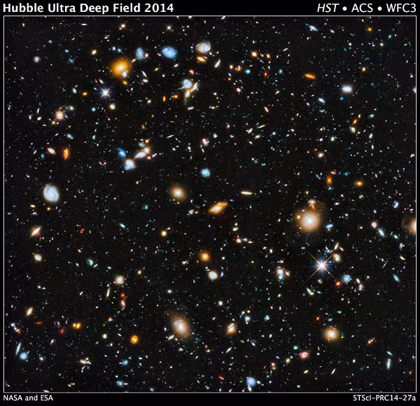 Bức ảnh ấn tượng này có tên là Hubble Ultra Deep Field được chụp bằng Wide Field Camera 3, một dạng camera góc rộng mà nhiều người hay sử dụng hiện nay, tổng hợp từ những tấm hình riêng lẻ chụp trong khoảng thời gian 2002 tới 2012.