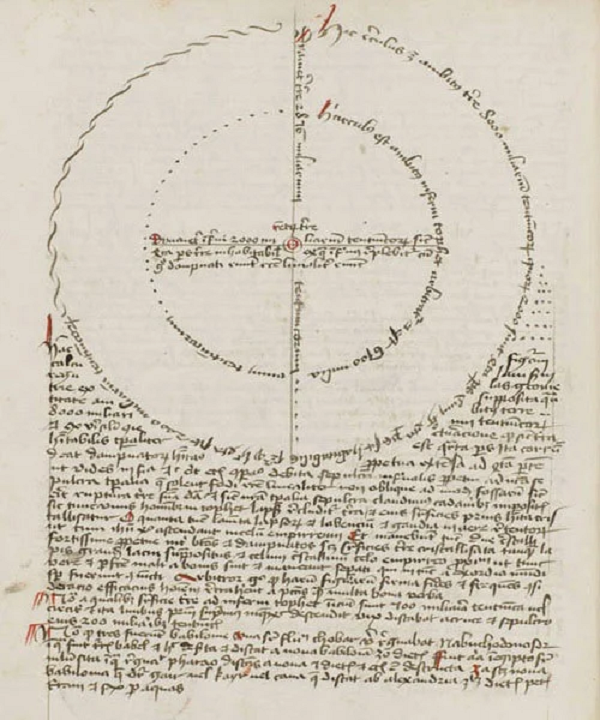 Bản mô tả ngày tận thế bắt đầu với một bản đồ chỉ ra tình trạng của thế giới trong thời gian năm 639 - 1514. Trái Đất có hình tròn, và châu Á, châu Phi, châu Âu được minh họa như những góc hình miếng bánh bao quanh bởi nước.