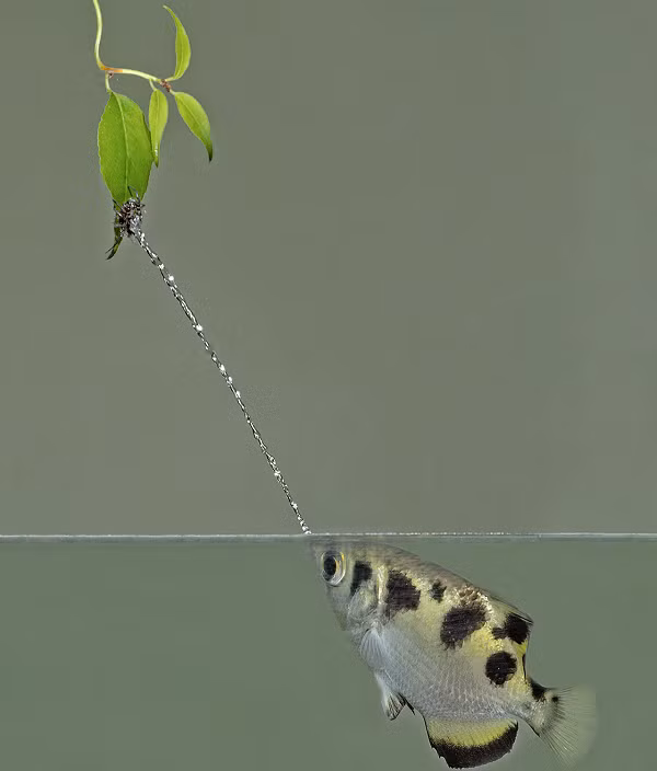  Luồng nước được cá măng rổ phun ra không phải là dạng dòng liền mà là dạng chùm với những giọt nước song sóng giúp cho lực bắn của nước được mạnh mẽ.