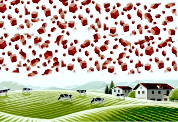 Khi đến gần hơn, bà phát hiện chúng là những miếng thịt, kích thước khoảng 5cm x 5cm, một số còn lớn hơn nữa và miếng nào cũng ướt sũng. Trong khoảng 10 phút, thịt từ trên cao rơi xuống loạn xạ cho đến khi tràn đầy sân, mà theo bà “đủ chất đầy lên một chiếc xe ngựa”.