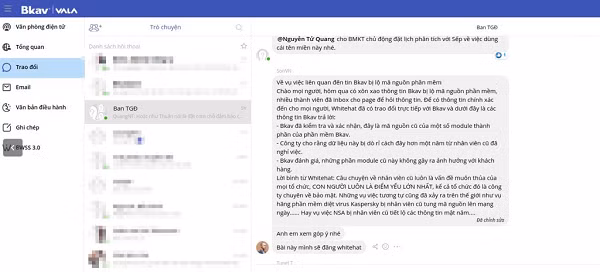 Để chứng minh, hàng loạt bức ảnh chụp màn hình các cuộc hội thoại trong nhóm chat của Ban giám đốc BKAV đã được đăng tải. Trong đó, nội dung của các cuộc hội thoại này xoay quanh việc... giải quyết vụ việc bị hack trong những ngày qua.