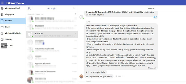 Để chứng minh, hàng loạt bức ảnh chụp màn hình các cuộc hội thoại trong nhóm chat của Ban giám đốc BKAV đã được đăng tải. Trong đó, nội dung của các cuộc hội thoại này xoay quanh việc... giải quyết vụ việc bị hack trong những ngày qua.