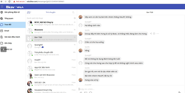 Tuy nhiên, tài khoản Chunxong khẳng định chưa từng làm việc cho Bkav và các dữ liệu nói trên là dữ liệu mới. Hacker này cũng tiếp tục đăng một số ảnh chụp màn hình các cuộc nói chuyện trên phần mềm chat nội bộ Vala của Bkav.
