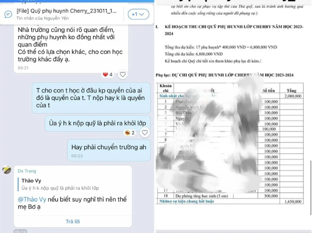  Con 2 tuổi bị dọa phải chuyển trường nếu mẹ không đóng quỹ lớp 400 nghìn đồng: Tháng 10/2023, mạng xã hội xuất hiện bài đăng của một mẹ có con học lớp mầm non 2 tuổi chia sẻ về việc phải đóng khoản quỹ lớp được cho là "bất hợp lý". Chủ tài khoản Facebook Mộc Miên chia sẻ trong bài viết: Em không đồng ý đóng quỹ. Đây là khoản thu ngoài do phụ huynh tự đứng lên đề xuất thu, còn tất cả các khoản thu, quỹ nhà trường quy định em đã đóng đầy đủ...Người mẹ này cho biết, bản thân được mời vào nhóm Zalo của lớp, trong đó mọi người đang triển khai thu khoản quỹ lớp với số tiền 400 nghìn đồng. 