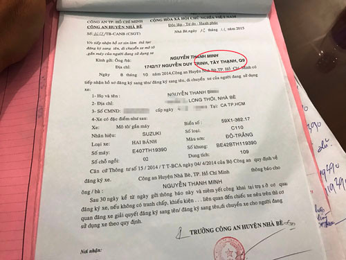 Việc anh Minh (chủ xe, cháu anh Tuyền) không nhận được thông báo vì sai sót địa chỉ gởi của CSGT Nhà Bè đã ảnh hưởng đến quyền tranh chấp, khiếu kiện của mình.