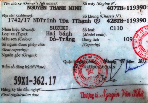 GCNĐK xe mang tên cháu ruột mà anh Tuyền vẫn còn cất giữ.