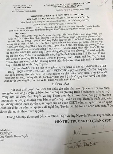 Công an quận 7 sau đó có thư trả lời anh Tuyền rằng vụ việc này chỉ là tranh chấp dân sự.