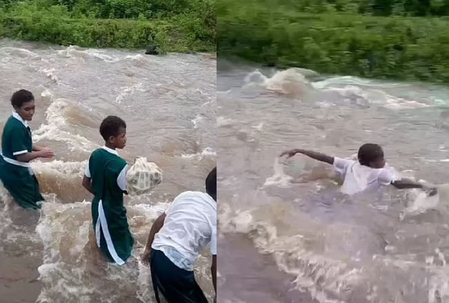 Canh hoc sinh boi qua dong nuoc chay xiet toi truong gay soc