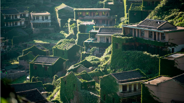 Sau nhiều thập kỷ bỏ hoang, những căn nhà trống ở ngôi làng ven vách đá này bị bao phủ bởi thảm cây leo tươi tốt.