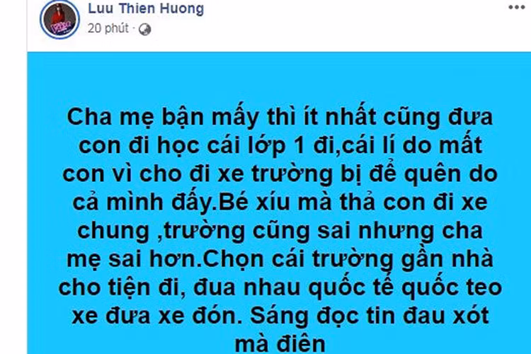 "Cha mẹ bận mấy thì ít nhất cũng đưa con đi học cái lớp 1 đi. Cái lý do mất con vì cho đi xe trường là do mình cả đấy. Bé xíu mà thả con đi xe chung. Trường cũng sai nhưng cha mẹ sai hơn. Chọn cái trường gần nhà cho tiện đi. Đua nhau quốc tế xe đưa đón”, cô viết.