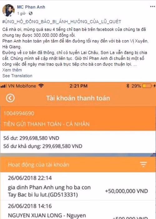 Năm 2018, Phan Anh lại bị nghi ăn chặn tiền từ thiện ủng hộ vụ lũ quét tại Hà Giang. Nghi vấn bắt nguồn từ việc Phan Anh đăng bài viết vào 15h ngày 26/6, thế nhưng số tiền trong hình ảnh đăng tải được ghi nhận vào lúc 22h14 phút cùng ngày. Ảnh: Infonet