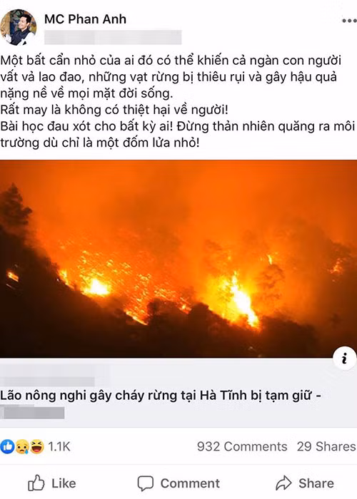 Phan Anh cảm thấy có lỗi vì không biết cách thể hiện tinh tế, trọn vẹn dẫn đến việc phụ lòng mong mỏi của người khác. Đi kèm bức tâm thư, ông bố 3 con đăng tải hình ảnh chứng minh anh có bày tỏ sự quan tâm về vụ cháy rừng ở miền Trung.