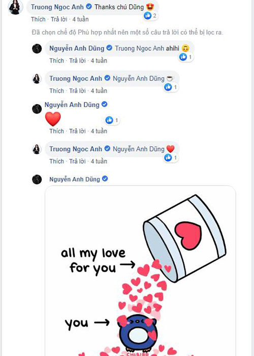 Anh Dũng đính kèm biểu tượng trái tim mỗi lần đáp lại Trương Ngọc Ánh. Tuy vậy trước nghi vấn hẹn hò cả hai vẫn chưa lên tiếng.