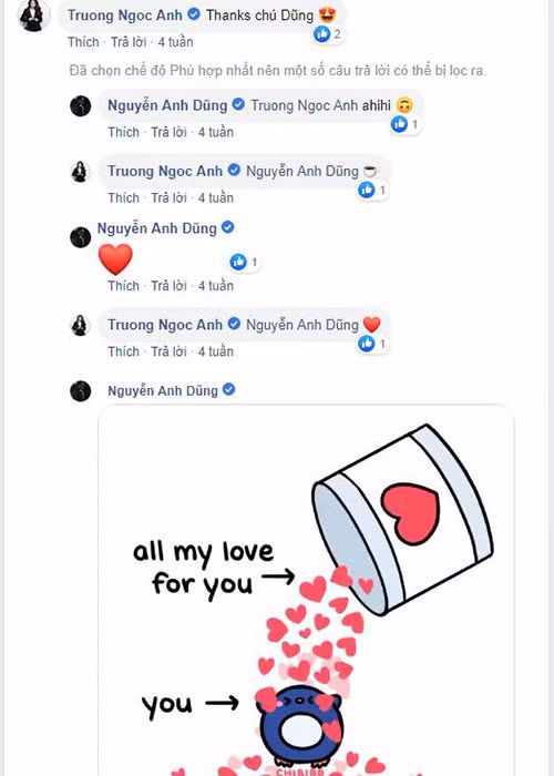 Anh Dũng đính kèm biểu tượng trái tim mỗi lần đáp lại Trương Ngọc Ánh. Tuy vậy trước nghi vấn hẹn hò cả hai vẫn chưa lên tiếng.