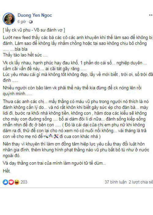 Dương Yến Ngọc bày tỏ quan điểm về vụ võ sư đánh vợ dã man. Theo người đẹp, đàn ông vũ phu thì họ đánh vợ không cần lý do.