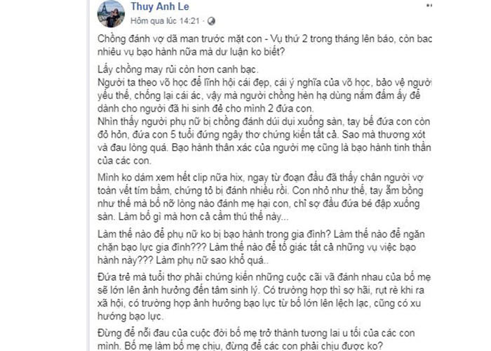 Thủy Anh - bà xã Đăng Khôi thương xót và đau lòng cho người phụ nữ bị chồng đánh cũng như đứa con trai 7 tuổi chứng kiến tất cả. "Làm bố gì mà hơn cả cầm thú thế này", Thủy Anh chia sẻ thêm.