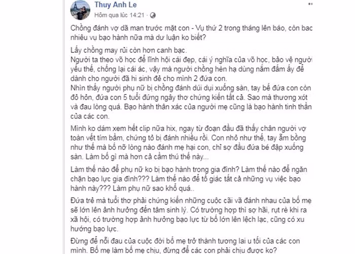 Thủy Anh - bà xã Đăng Khôi thương xót và đau lòng cho người phụ nữ bị chồng đánh cũng như đứa con trai 7 tuổi chứng kiến tất cả. "Làm bố gì mà hơn cả cầm thú thế này", Thủy Anh chia sẻ thêm.