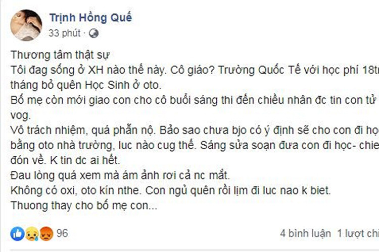 Bà mẹ đơn thân Hồng Quế chia sẻ: "Thương tâm thật sự. Bố mẹ còn mới giao con cho cô buổi sáng thì đến chiều nhận được tin con tử vong. Vô trách nhiệm, quá phẫn nộ".