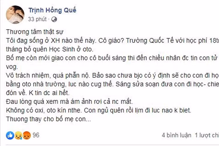 Bà mẹ đơn thân Hồng Quế chia sẻ: "Thương tâm thật sự. Bố mẹ còn mới giao con cho cô buổi sáng thì đến chiều nhận được tin con tử vong. Vô trách nhiệm, quá phẫn nộ".