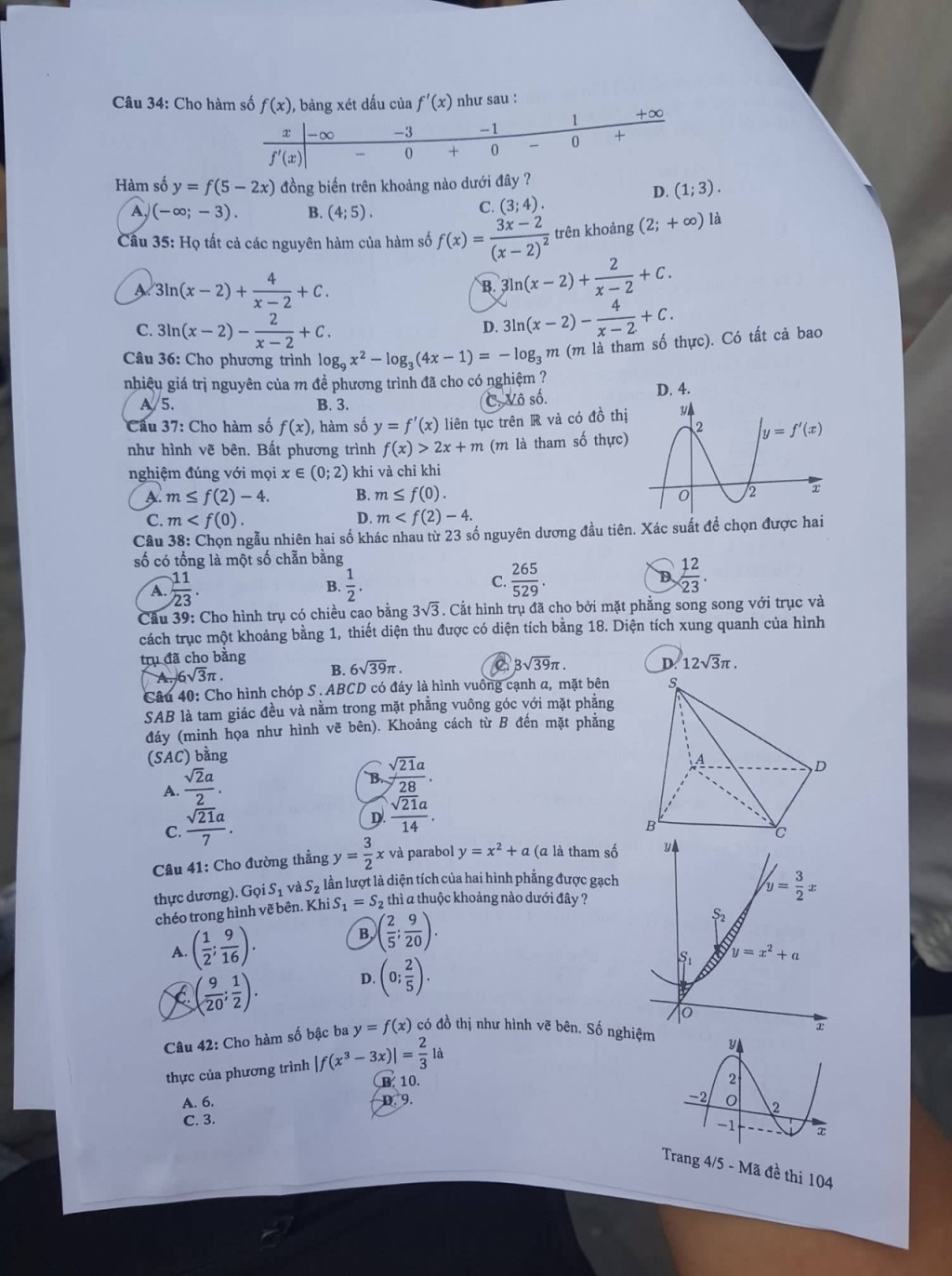 Đề thi Toán mã 104.