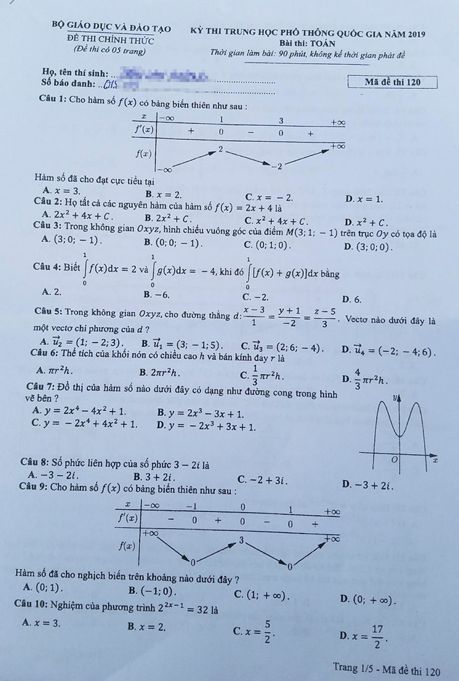 Đề thi Toán mã 120.