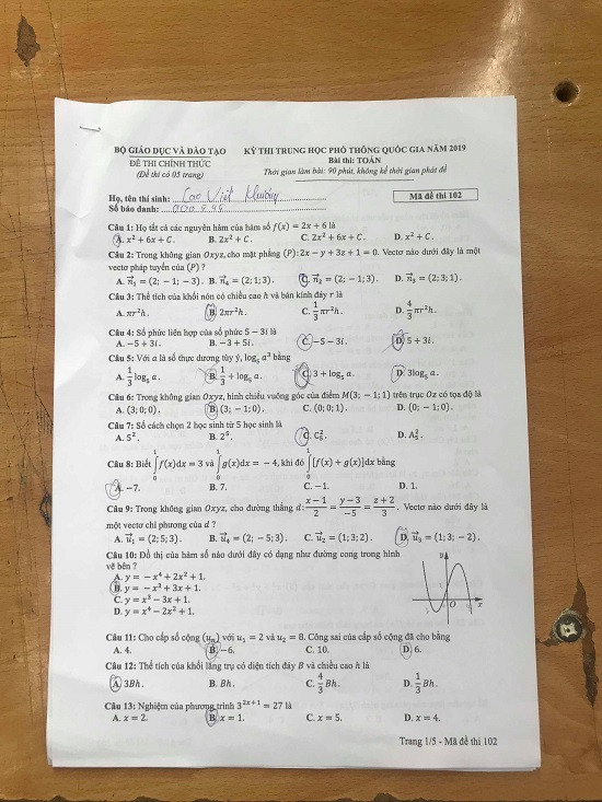 Đề thi Toán mã 102.
