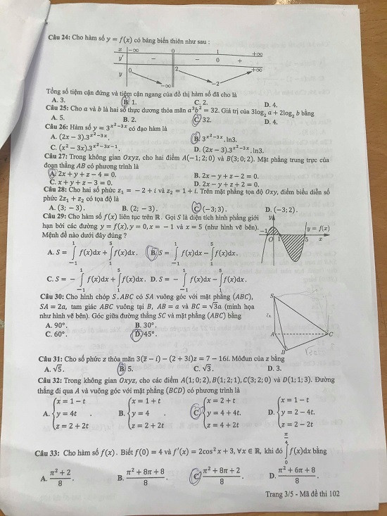Đề thi Toán mã 102.