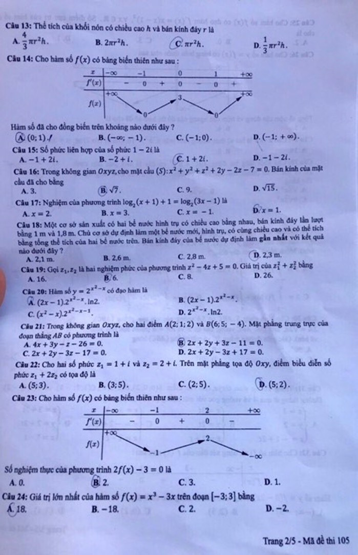 Đề thi Toán mã 105.