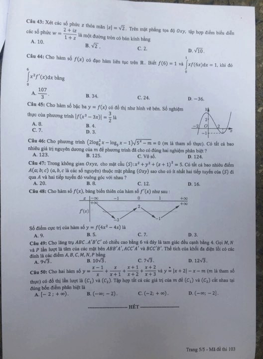 Đề thi Toán mã 103.